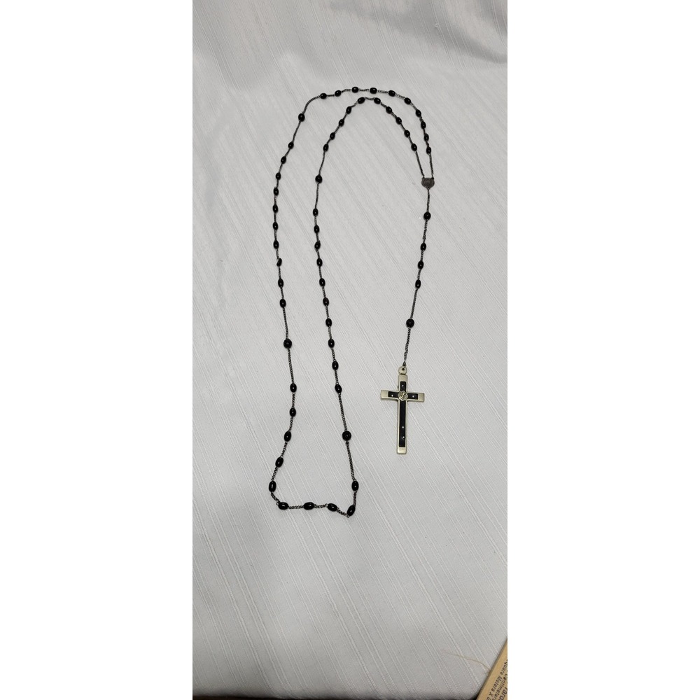 Vintage France Ebony Wood Rosary Necklace Memento Mori Skull Crossbones 36 Inch